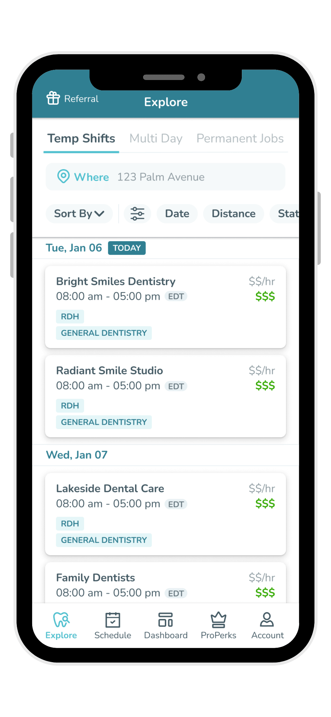 GoTu app showing open dental hygiene shifts